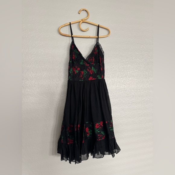 Vintage Betsey Johnson Black Rose Print Silk Mini Lace Dress - Picture 1 of 4